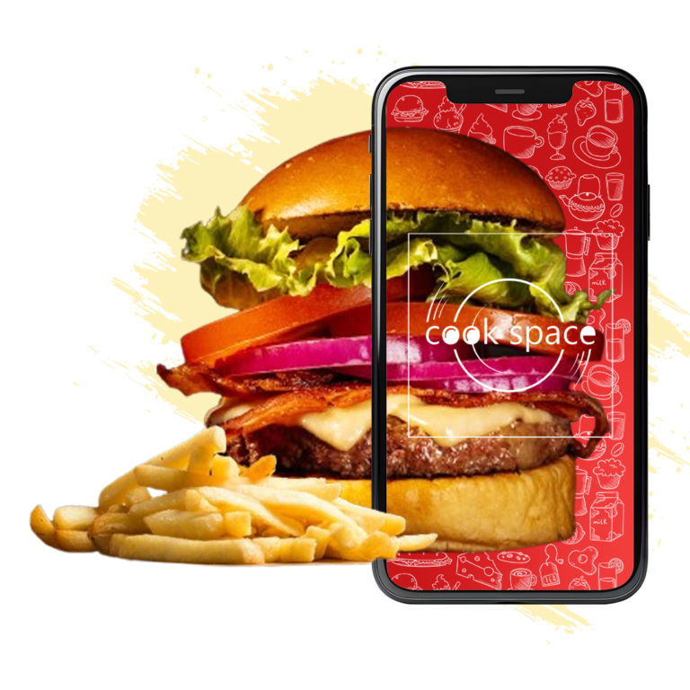 Hambúrguer e batatas ao lado de um celular com o aplicativo Cookspace
